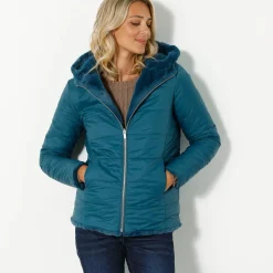 Parka En Donsjas<Blancheporte Jas in nepbont, omkeerbaar tot gewatteerde jas eendenblauw