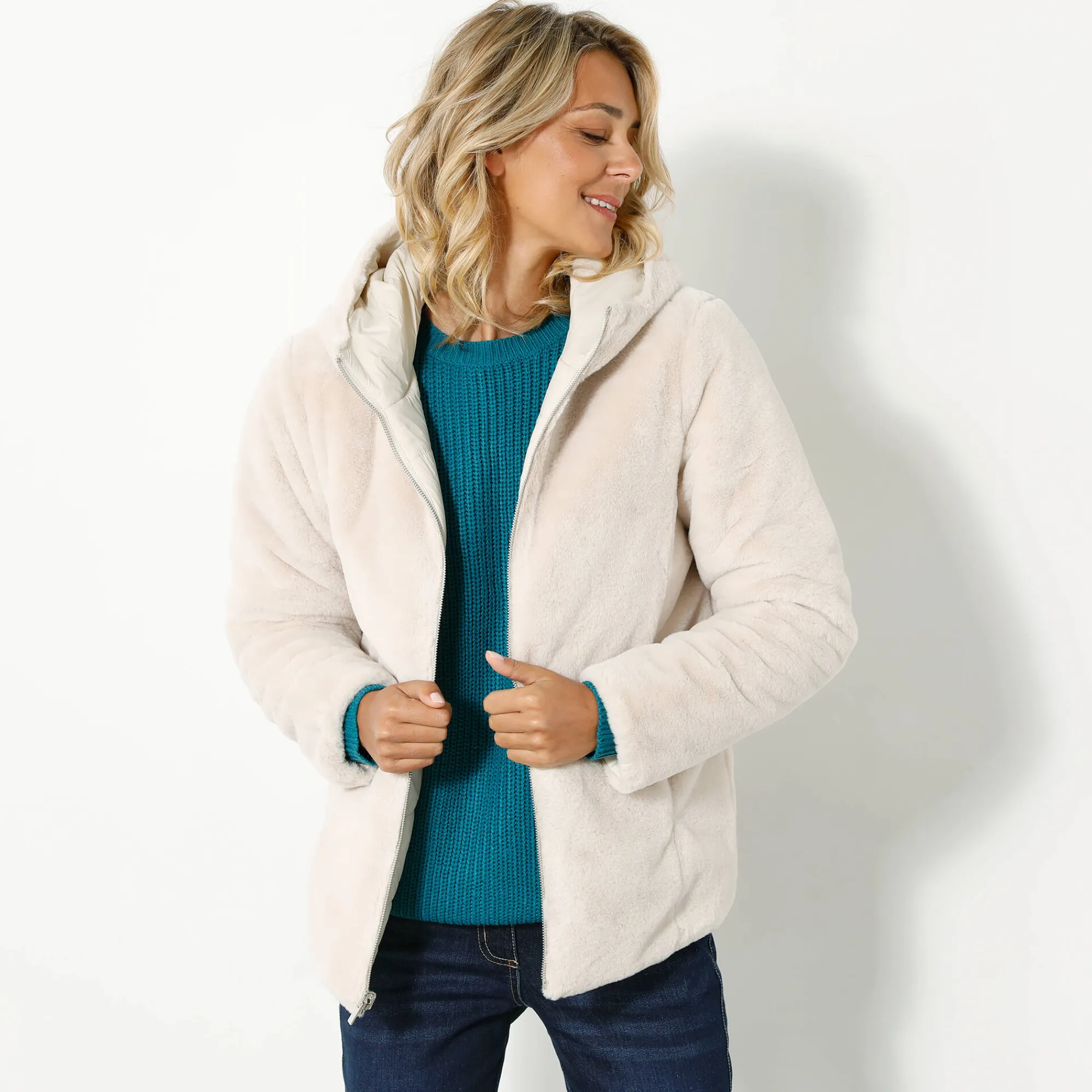 Parka En Donsjas<Blancheporte Jas in nepbont, omkeerbaar tot gewatteerde jas grijsbeige