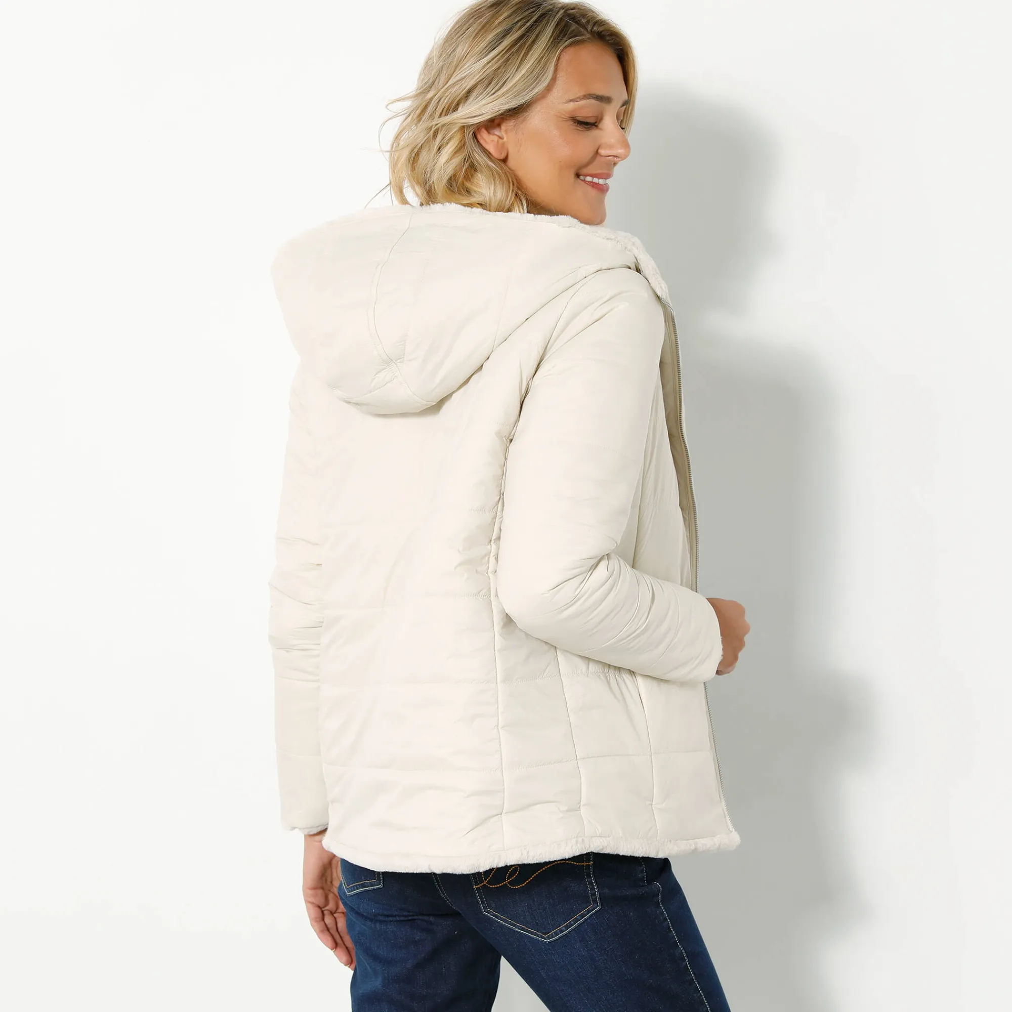 Parka En Donsjas<Blancheporte Jas in nepbont, omkeerbaar tot gewatteerde jas grijsbeige