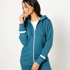 Trui En Vest<Blancheporte Jasje in geruwd molton met rits eendenblauw / wit