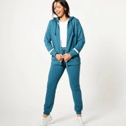 Trui En Vest<Blancheporte Jasje in geruwd molton met rits eendenblauw / wit