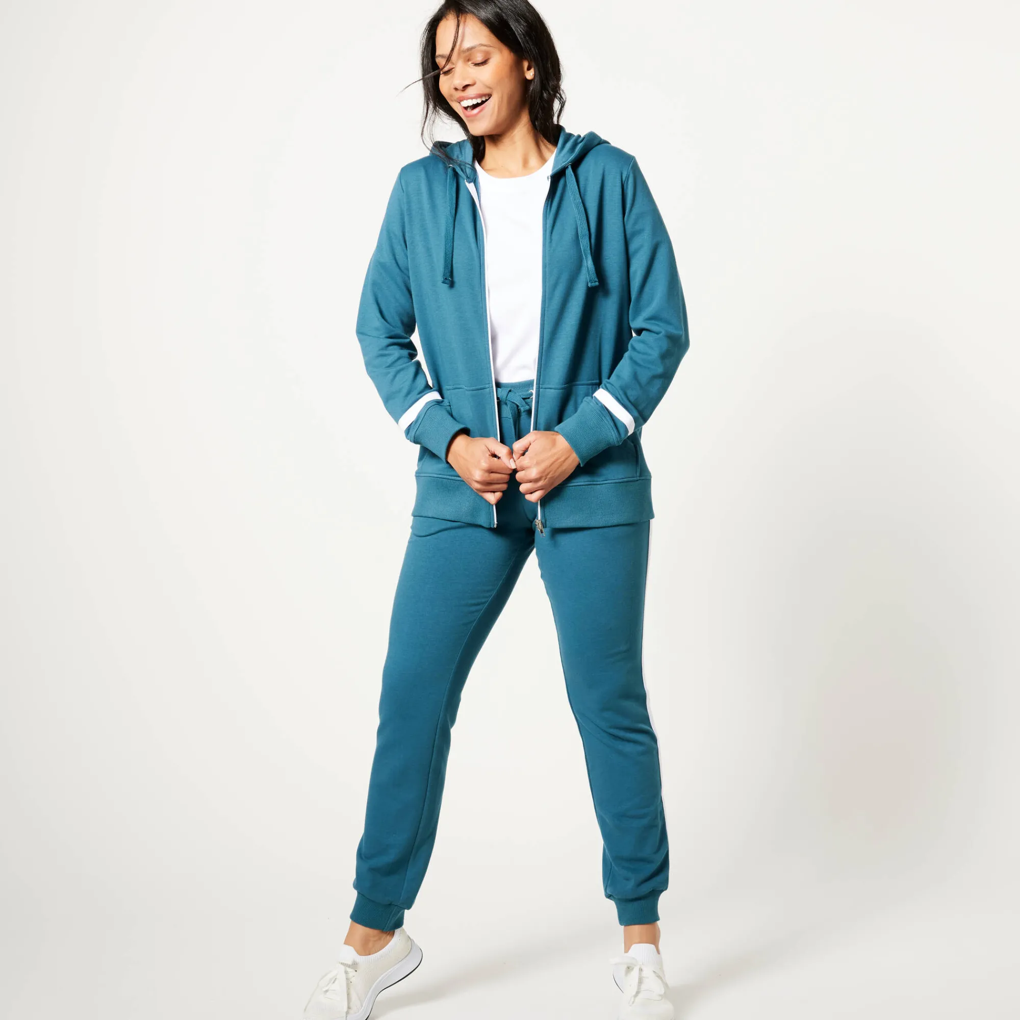 Trui En Vest<Blancheporte Jasje in geruwd molton met rits eendenblauw / wit