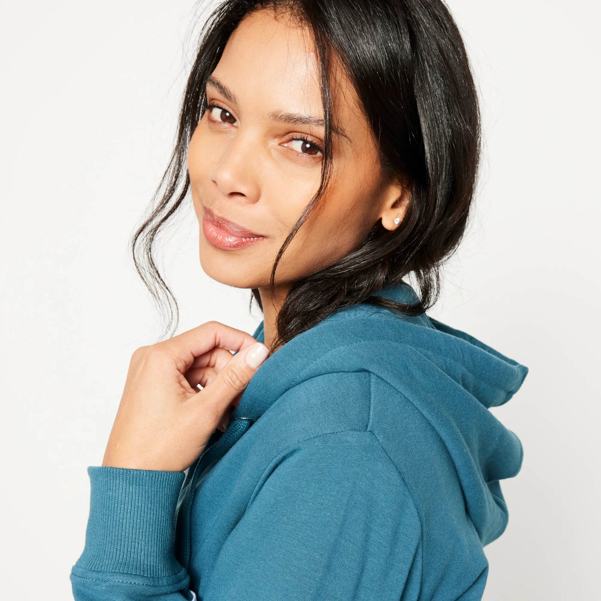 Trui En Vest<Blancheporte Jasje in geruwd molton met rits eendenblauw / wit