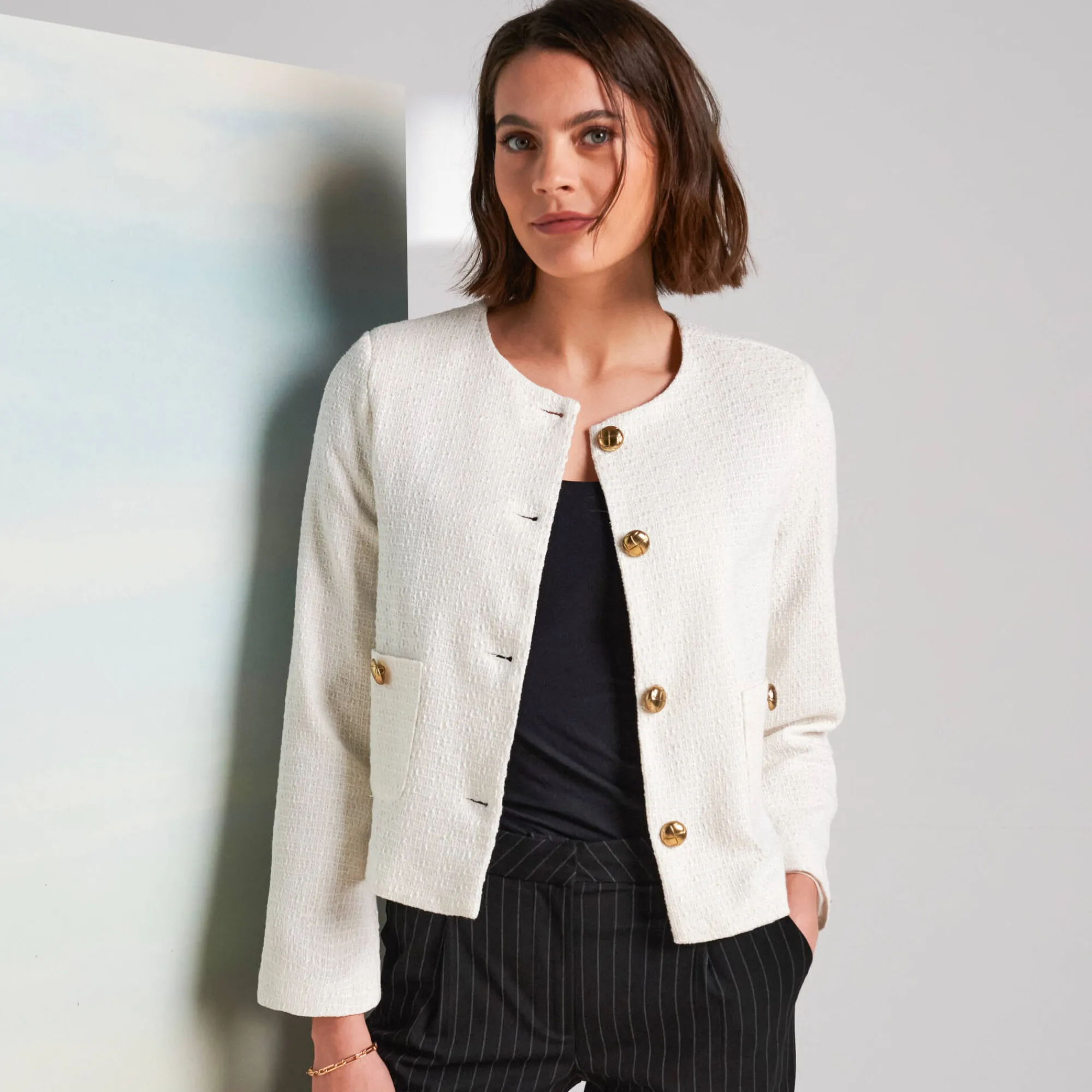 Feestoutfits Dames|Jas En Mantel<Blancheporte Jasje met knoopsluiting, tweed ecru