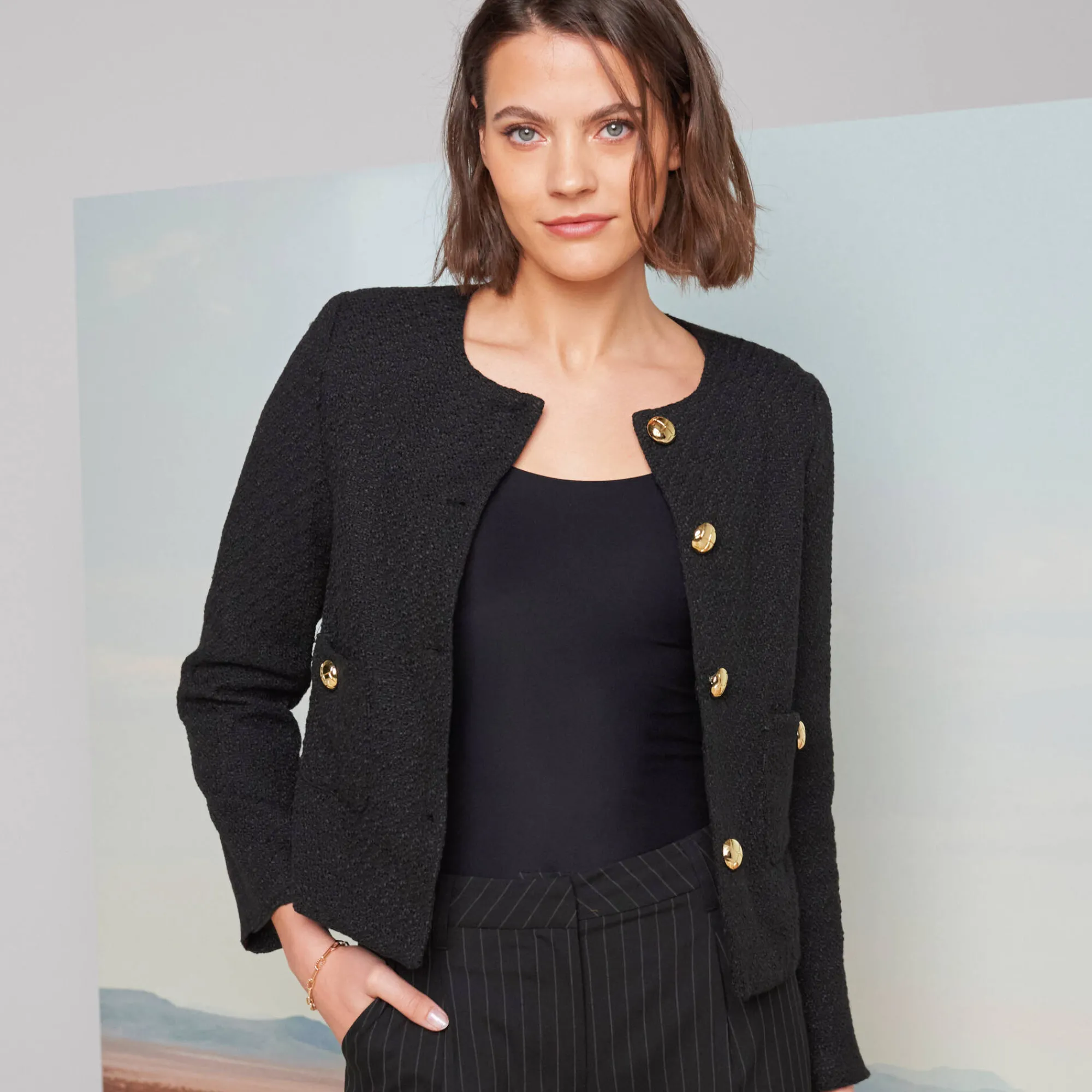 Feestoutfits Dames|Jas En Mantel<Blancheporte Jasje met knoopsluiting, tweed zwart