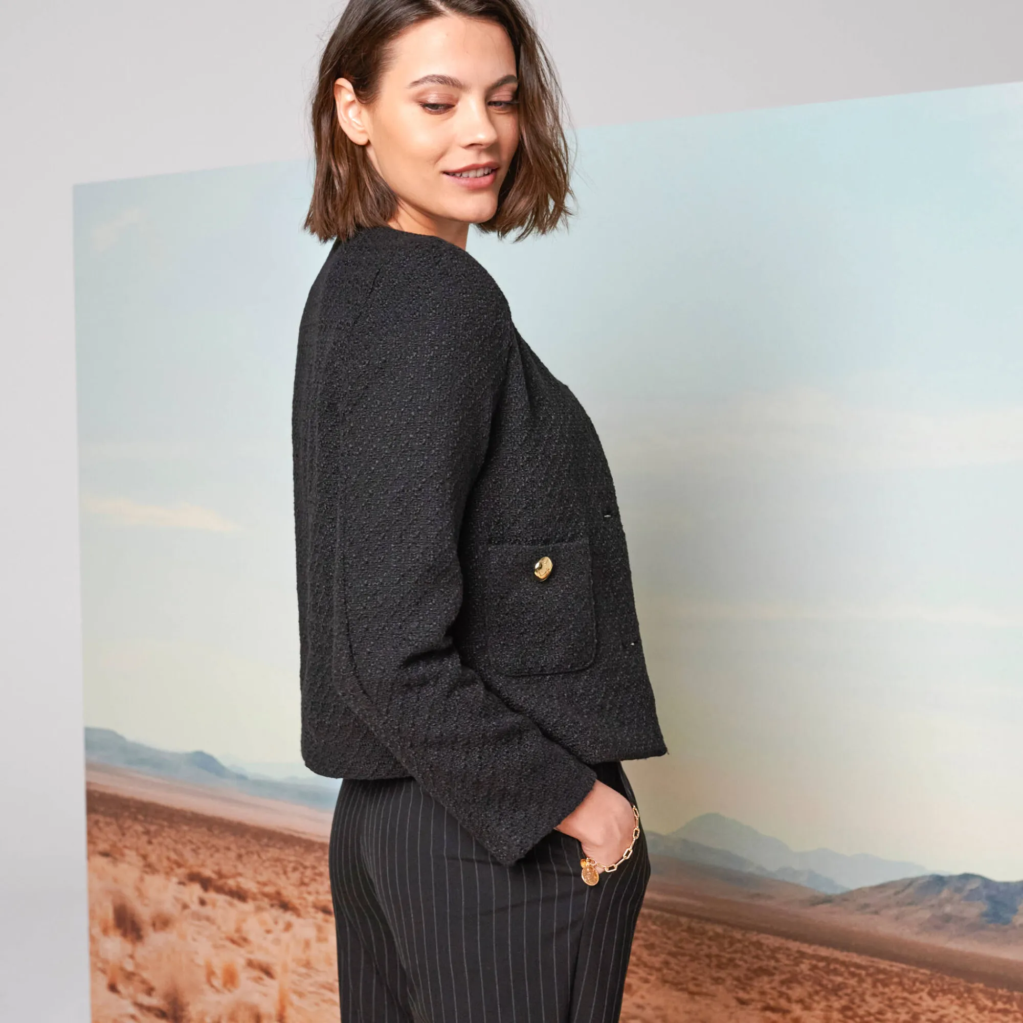 Feestoutfits Dames|Jas En Mantel<Blancheporte Jasje met knoopsluiting, tweed zwart