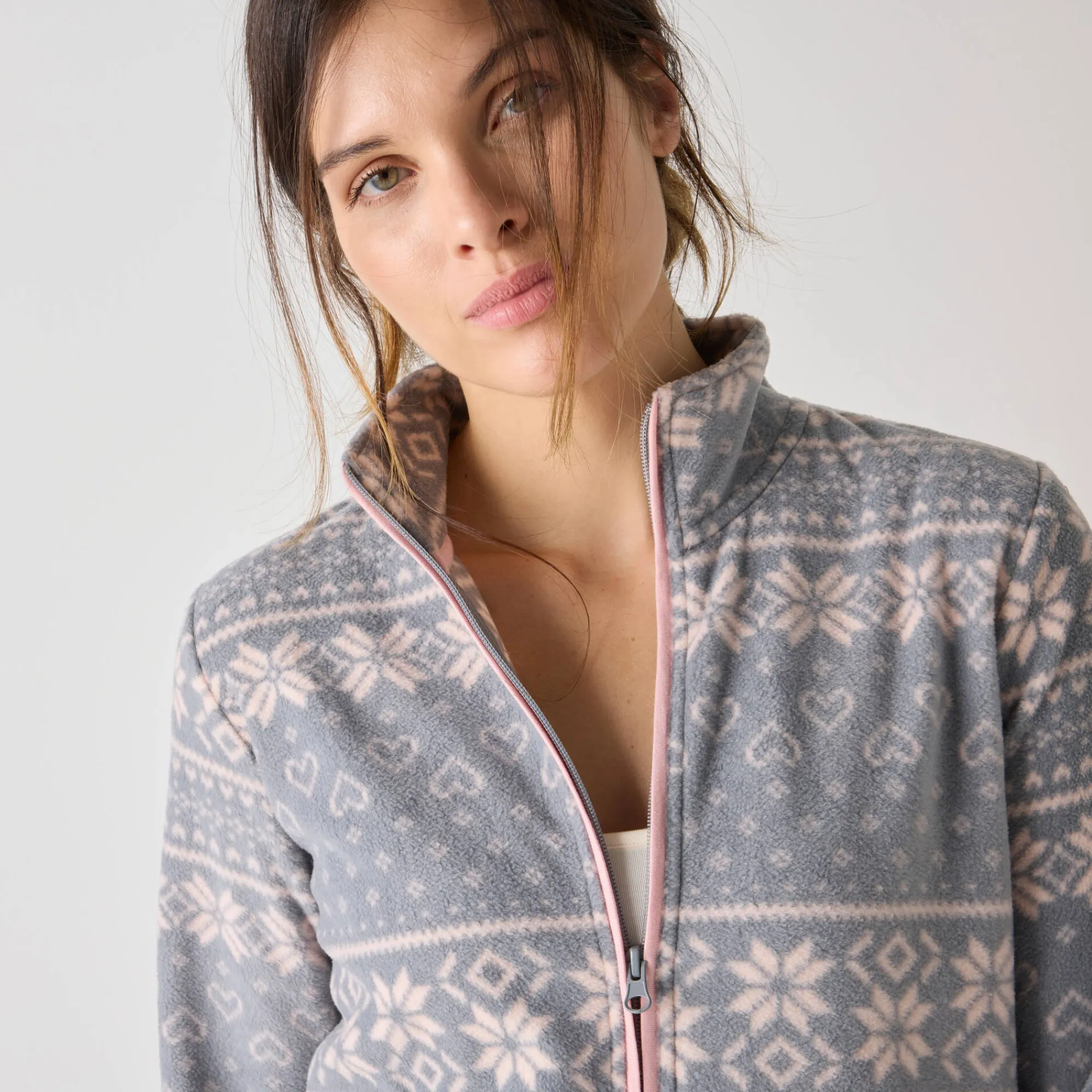 Peignoir En Kamerjas<Blancheporte Jasje met rits, in bedrukte fleece grijs / roze