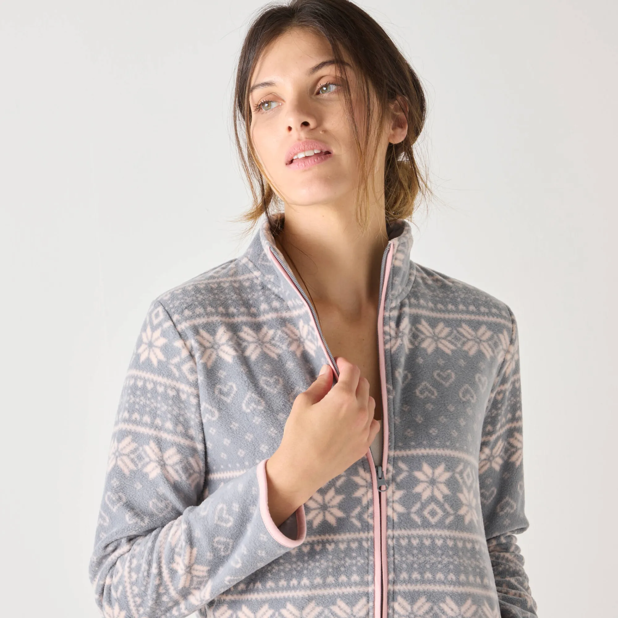 Peignoir En Kamerjas<Blancheporte Jasje met rits, in bedrukte fleece grijs / roze