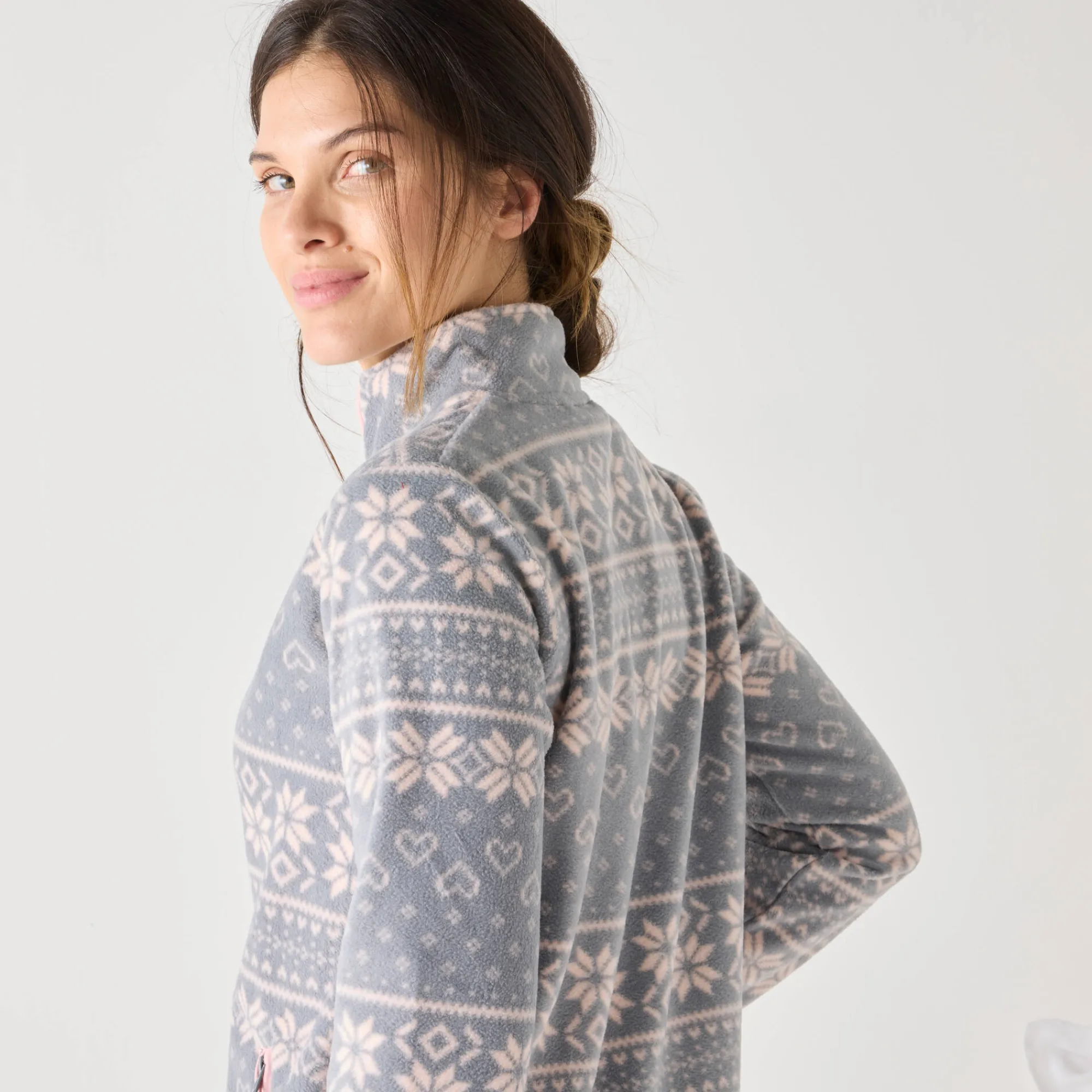 Peignoir En Kamerjas<Blancheporte Jasje met rits, in bedrukte fleece grijs / roze