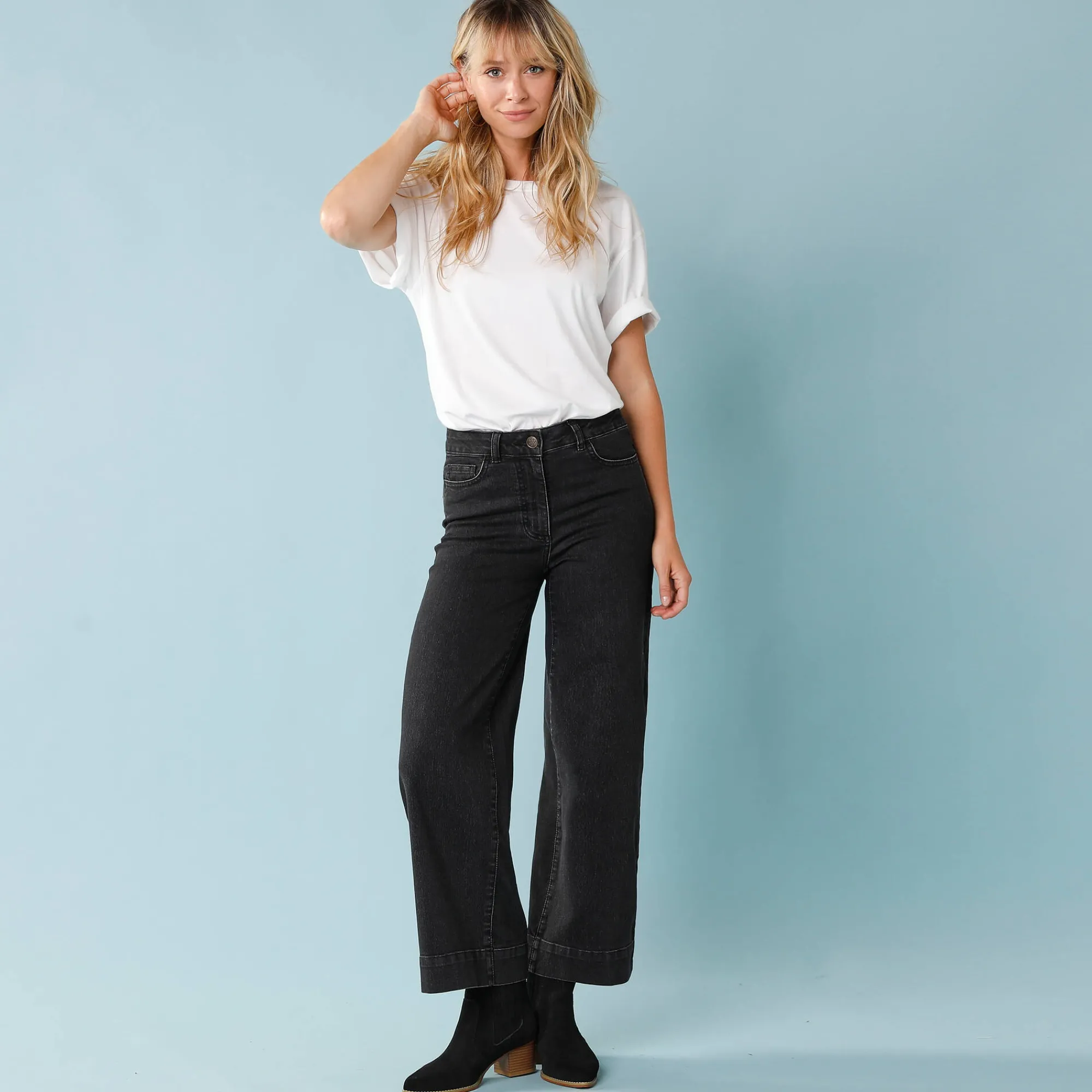 Jeans|Broek<Blancheporte Jeans met hoge taille, voor Kleine Lengtes, binnenpijplengte 60 cm, ruim 7/8-model zwart