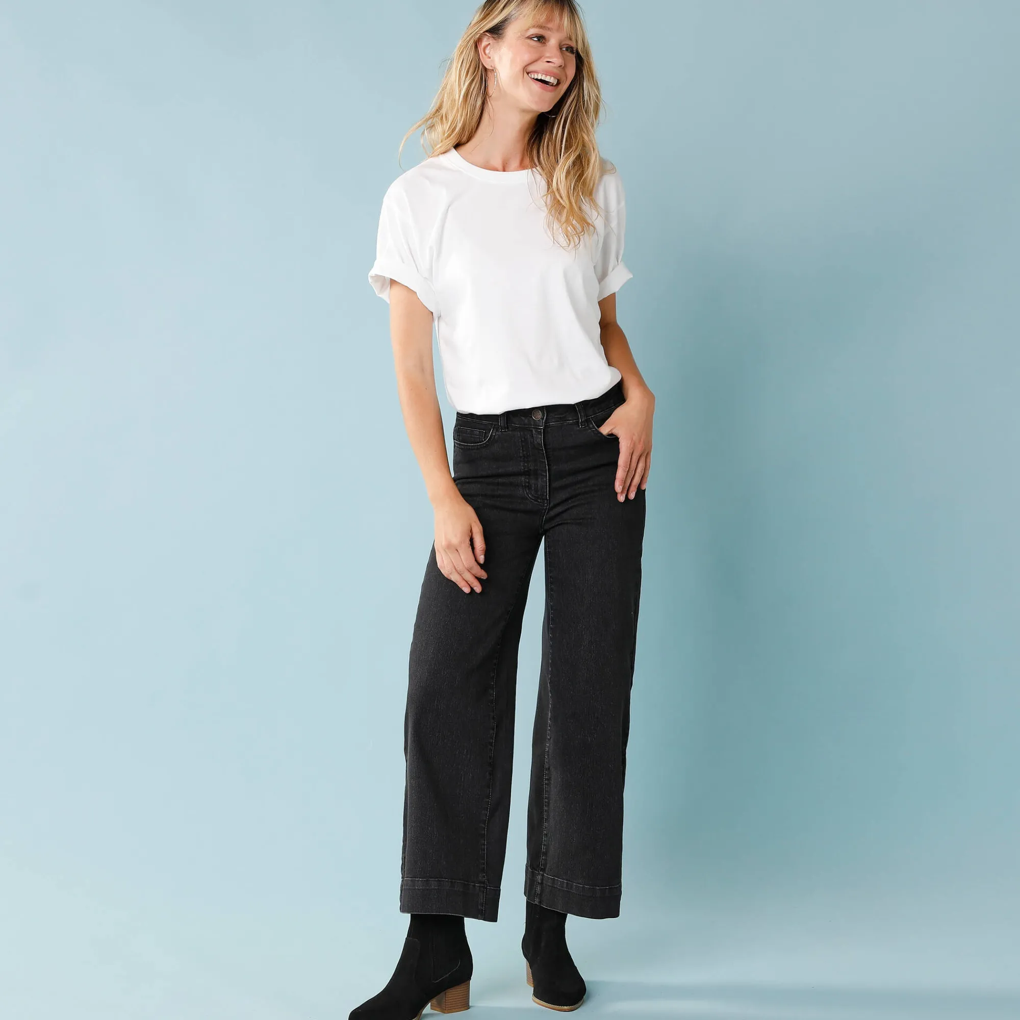 Jeans|Broek<Blancheporte Jeans met hoge taille, voor Kleine Lengtes, binnenpijplengte 60 cm, ruim 7/8-model zwart