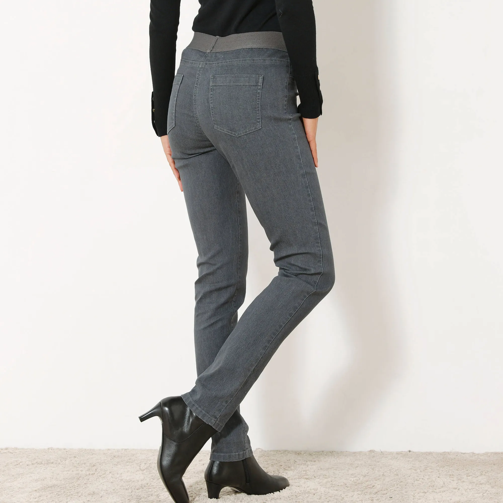 Jeans<Blancheporte Jegging in denim met elastische taille, grote lengte donkergrijs