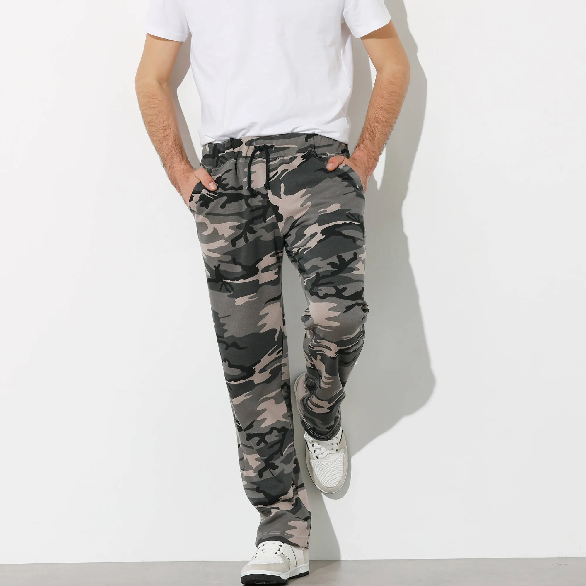 Broek<Blancheporte Joggingbroek in molton met rechte pijponderkanten camouflagegrijs