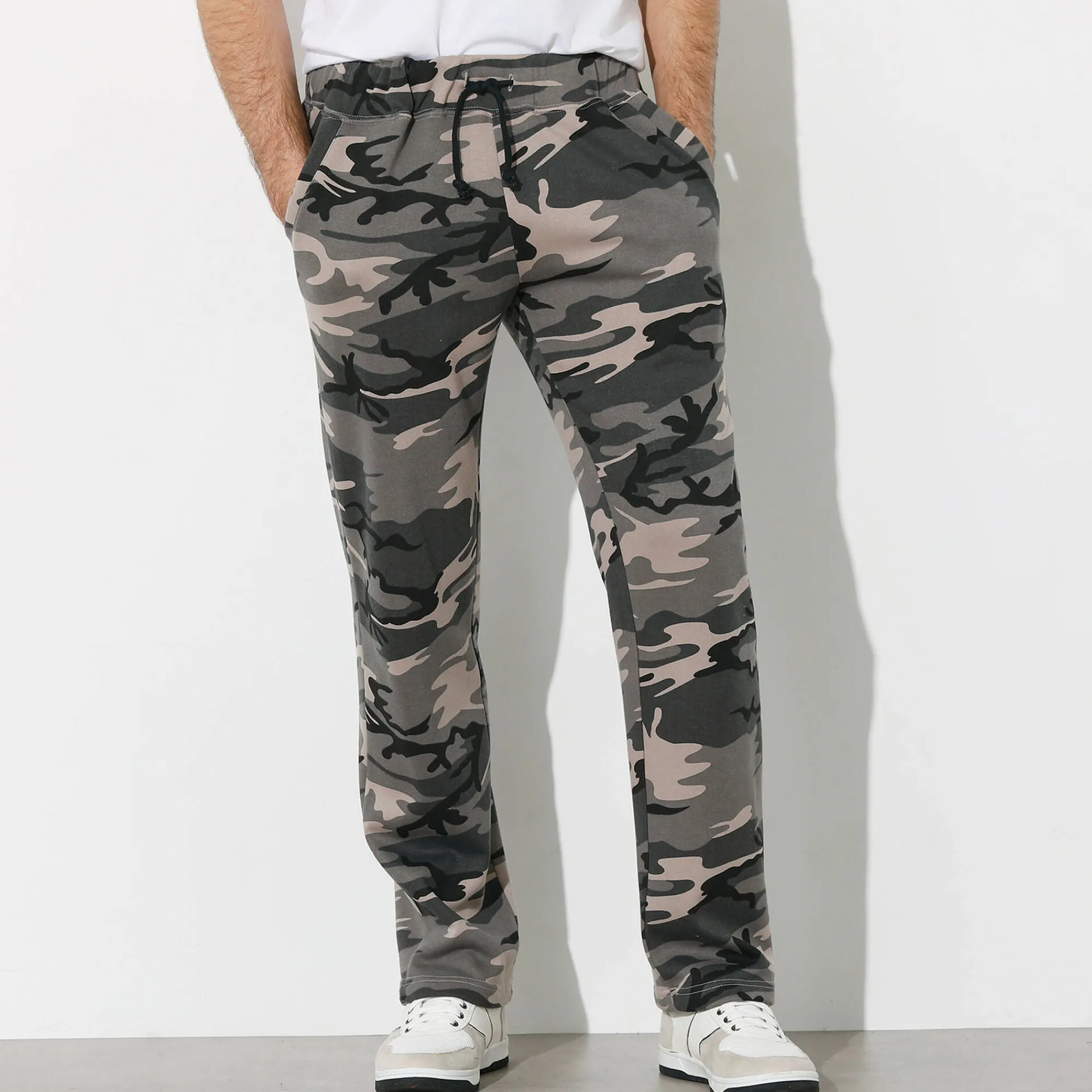 Broek<Blancheporte Joggingbroek in molton met rechte pijponderkanten camouflagegrijs