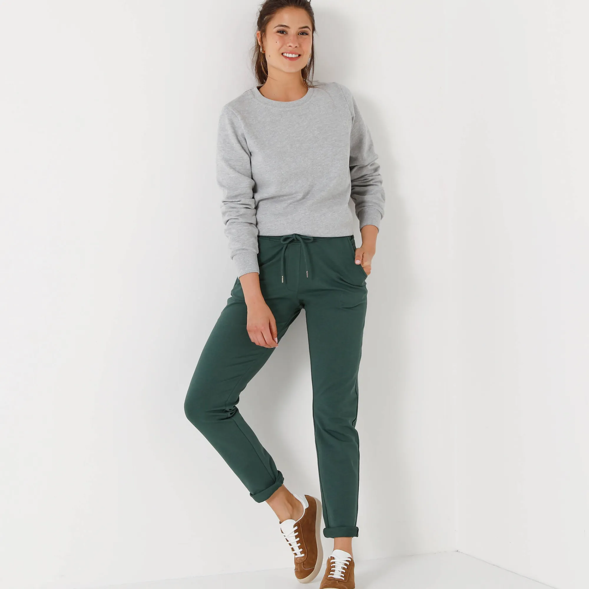 Broek<Blancheporte Joggpant in molton met elastische taille dennengroen