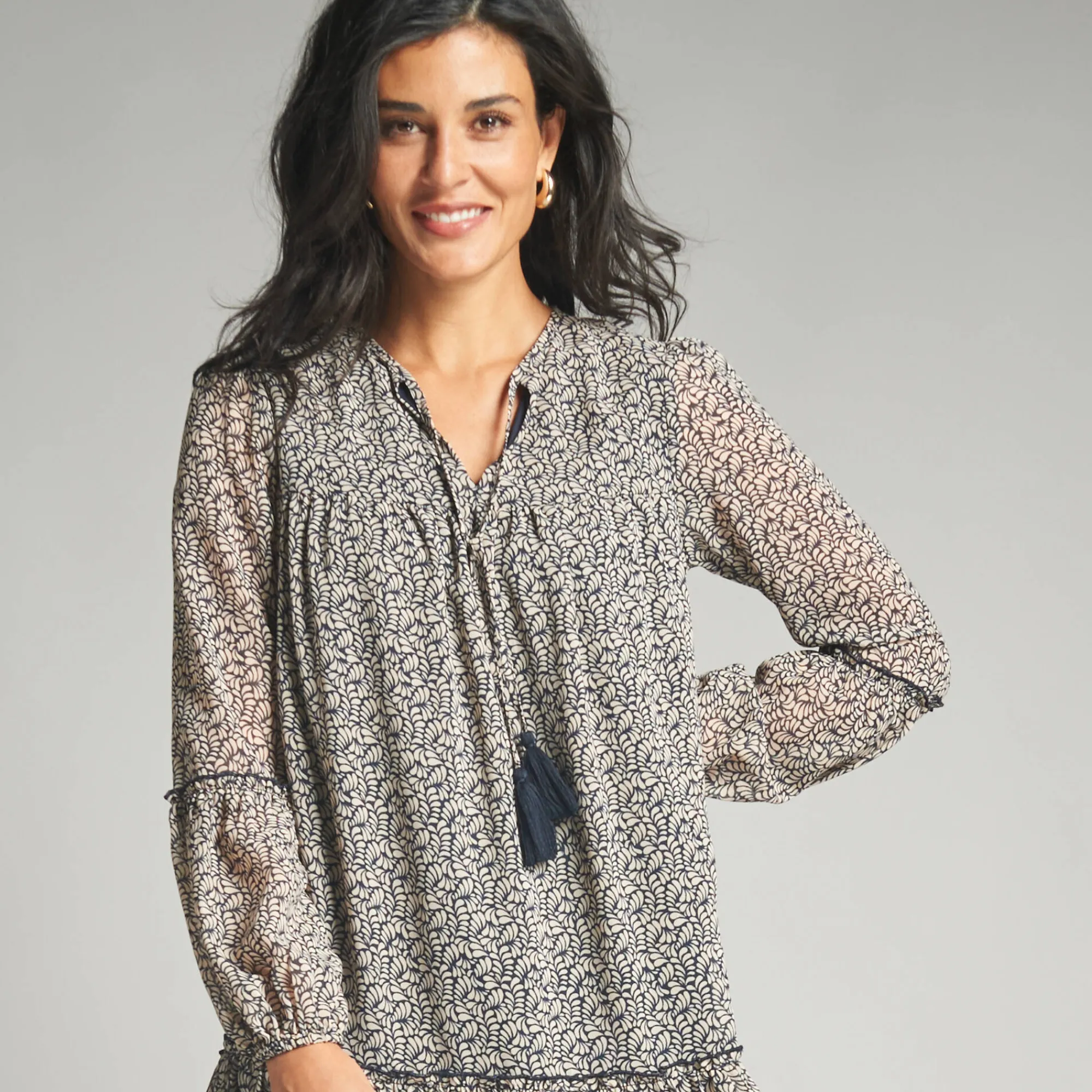 Jurk<Lora Zellini Jurk in bedrukte voile marine / beige