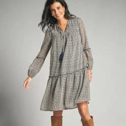Jurk<Lora Zellini Jurk in bedrukte voile marine / beige