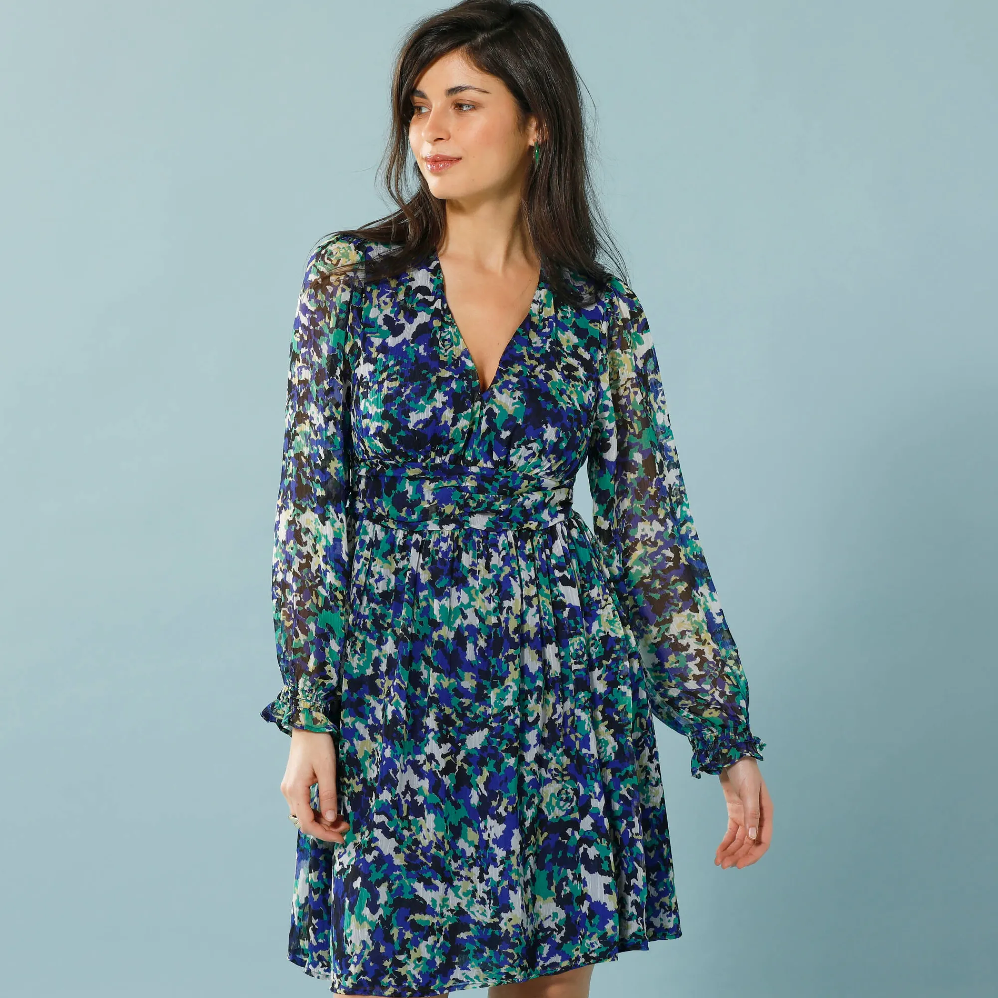 Jurk<Blancheporte Jurk in bedrukte voile, speciaal voor kleine lengtes marine / groen