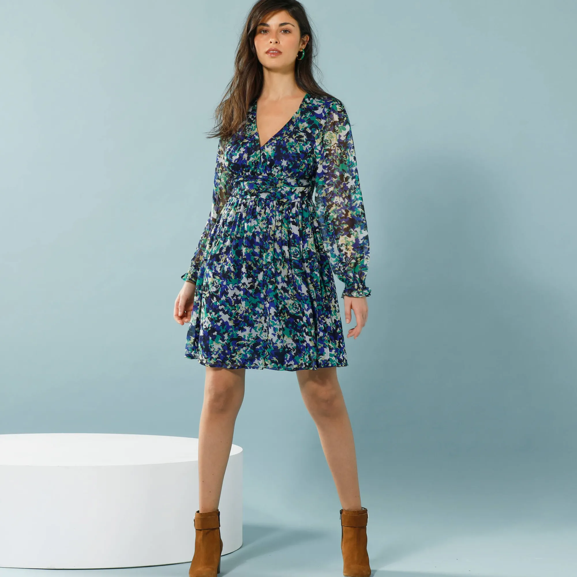 Jurk<Blancheporte Jurk in bedrukte voile, speciaal voor kleine lengtes marine / groen