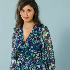 Jurk<Blancheporte Jurk in bedrukte voile, speciaal voor kleine lengtes marine / groen