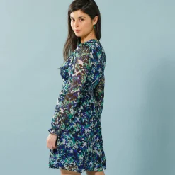 Jurk<Blancheporte Jurk in bedrukte voile, speciaal voor kleine lengtes marine / groen