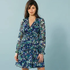 Jurk<Blancheporte Jurk in bedrukte voile, speciaal voor kleine lengtes marine / groen