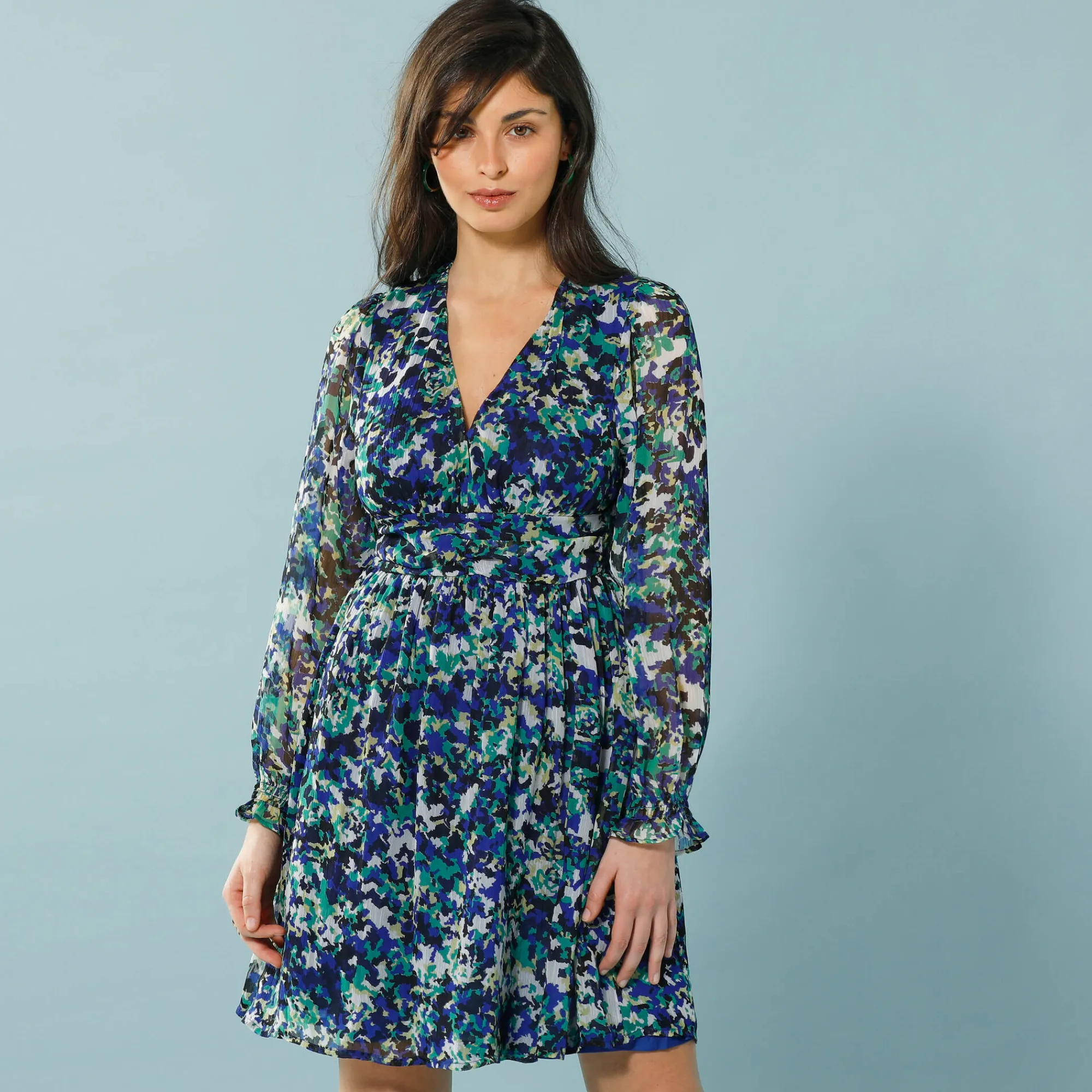 Jurk<Blancheporte Jurk in bedrukte voile, speciaal voor kleine lengtes marine / groen