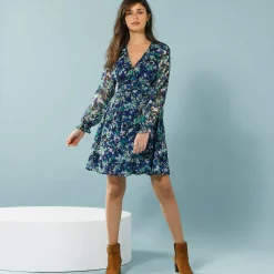 Jurk<Blancheporte Jurk in bedrukte voile, speciaal voor kleine lengtes marine / groen