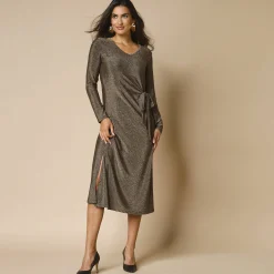 Feestoutfits Dames|Jurk<Blancheporte Jurk in glanzend tricot met lange mouwen, geknoopt detail zwart / goudkleurig