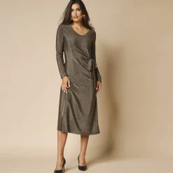 Feestoutfits Dames|Jurk<Blancheporte Jurk in glanzend tricot met lange mouwen, geknoopt detail zwart / goudkleurig