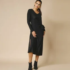 Feestoutfits Dames|Jurk<Blancheporte Jurk in glanzend tricot met lange mouwen, geknoopt detail zwart / zwart