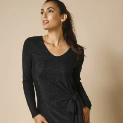 Feestoutfits Dames|Jurk<Blancheporte Jurk in glanzend tricot met lange mouwen, geknoopt detail zwart / zwart
