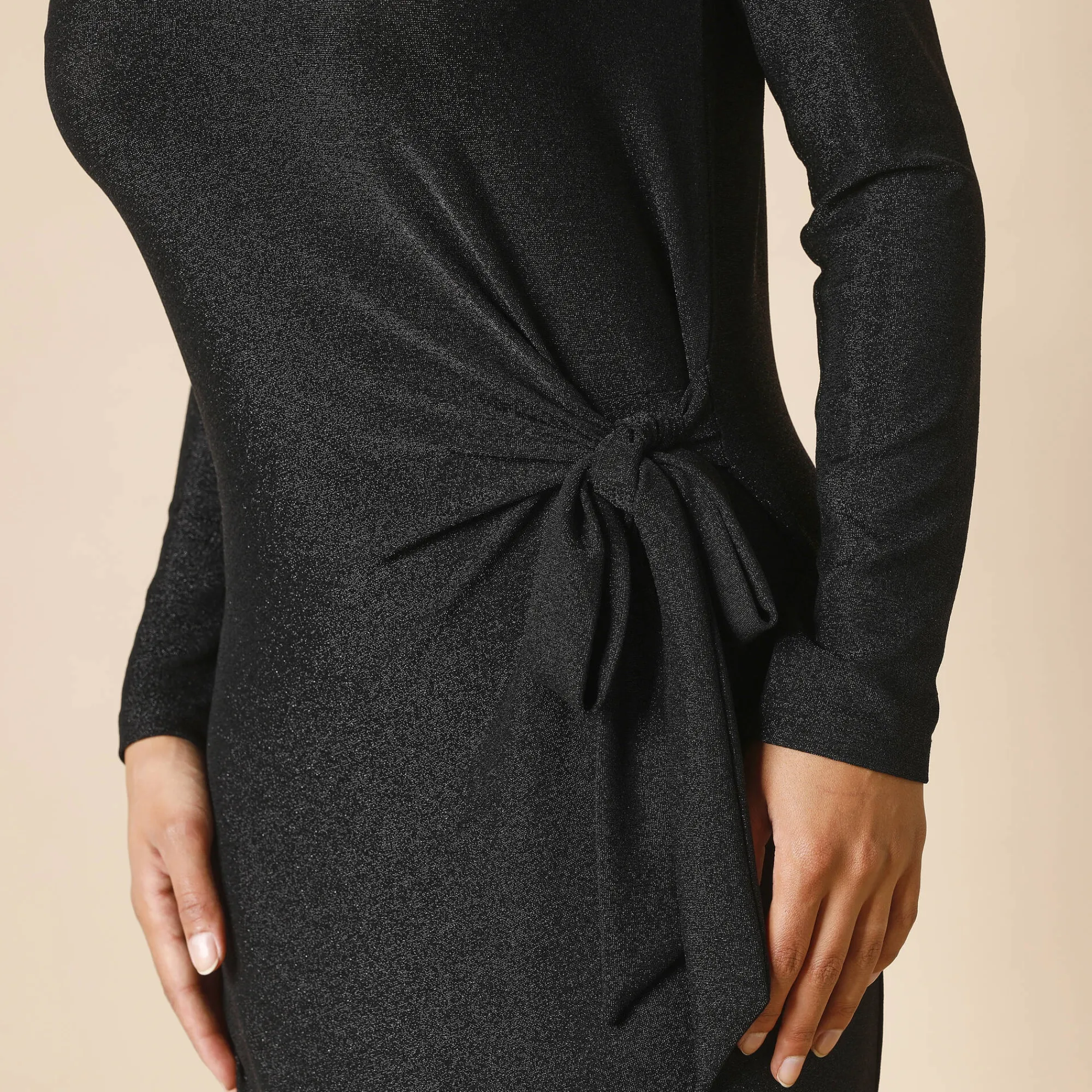 Feestoutfits Dames|Jurk<Blancheporte Jurk in glanzend tricot met lange mouwen, geknoopt detail zwart / zwart