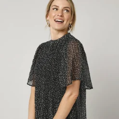 Feestoutfits Dames|Jurk<Blancheporte Jurk in plissévoile met stippenprint, 'vlinder' mouwen zwart / wit