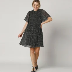 Feestoutfits Dames|Jurk<Blancheporte Jurk in plissévoile met stippenprint, 'vlinder' mouwen zwart / wit