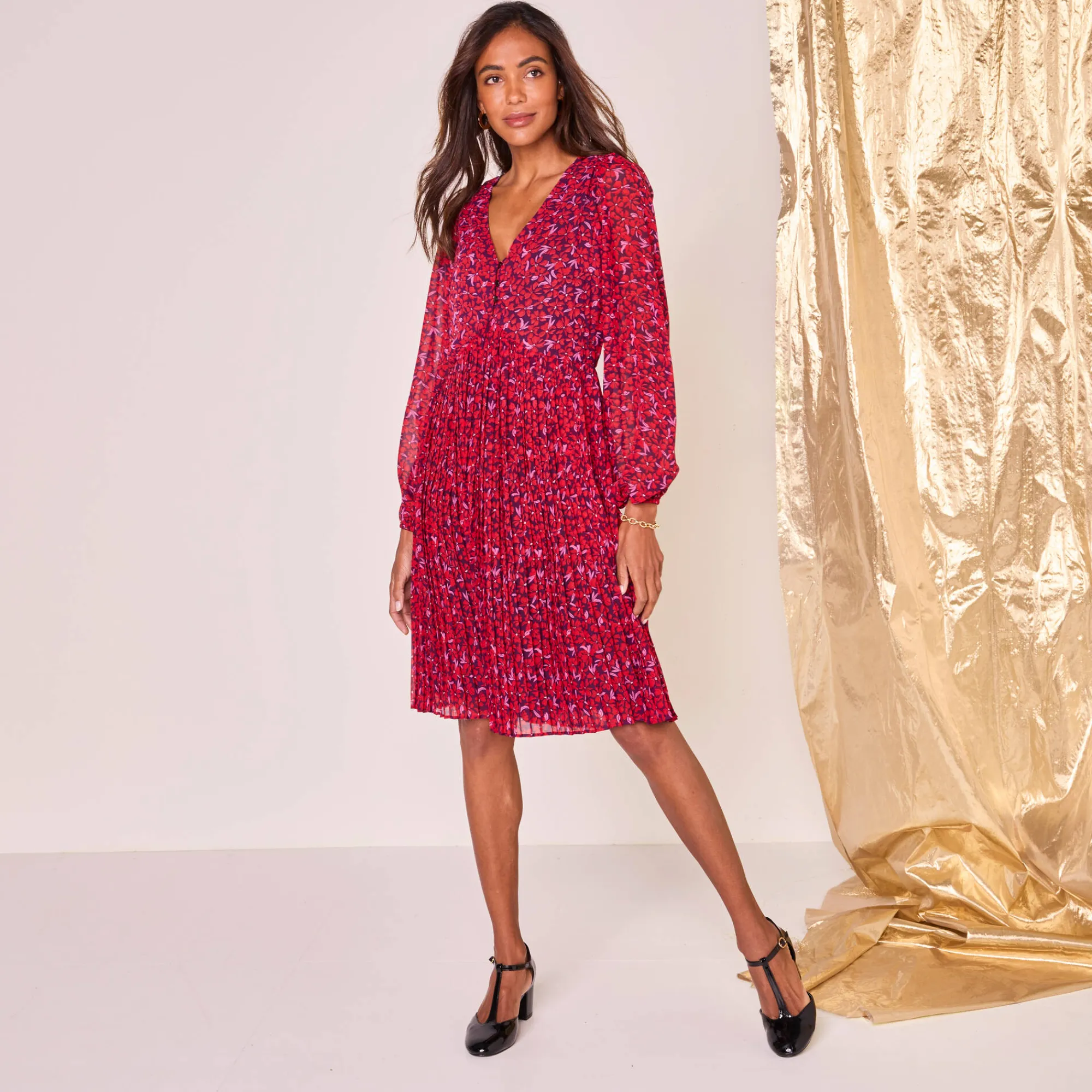 Feestoutfits Dames|Jurk<Blancheporte Jurk met bloemenprint, plissévoile pruim / rood