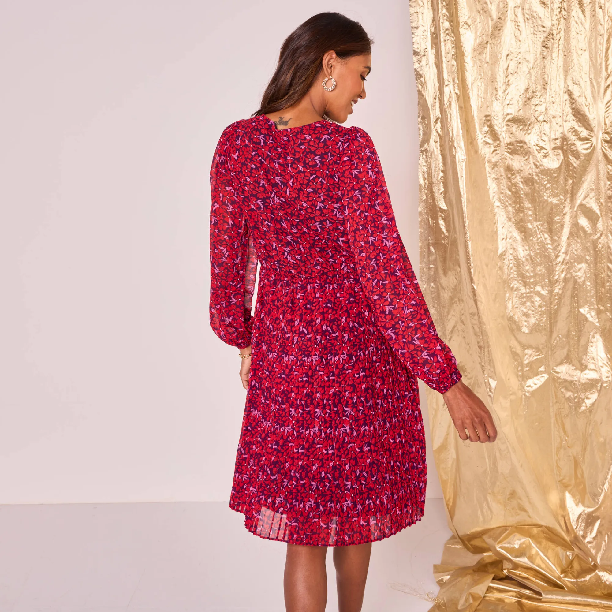 Feestoutfits Dames|Jurk<Blancheporte Jurk met bloemenprint, plissévoile pruim / rood