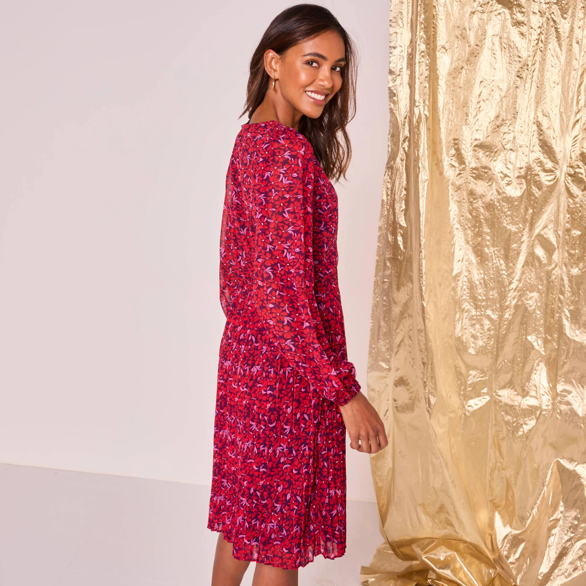 Feestoutfits Dames|Jurk<Blancheporte Jurk met bloemenprint, plissévoile pruim / rood