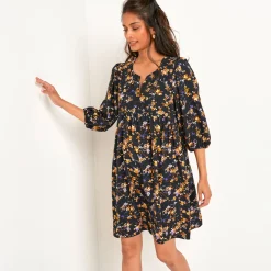 Jurk<Blancheporte Jurk met bloezende mouwen, bloemenprint zwart / honing