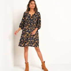 Jurk<Blancheporte Jurk met bloezende mouwen, bloemenprint zwart / honing