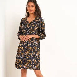 Jurk<Blancheporte Jurk met bloezende mouwen, bloemenprint zwart / honing