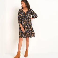 Jurk<Blancheporte Jurk met bloezende mouwen, bloemenprint zwart / honing
