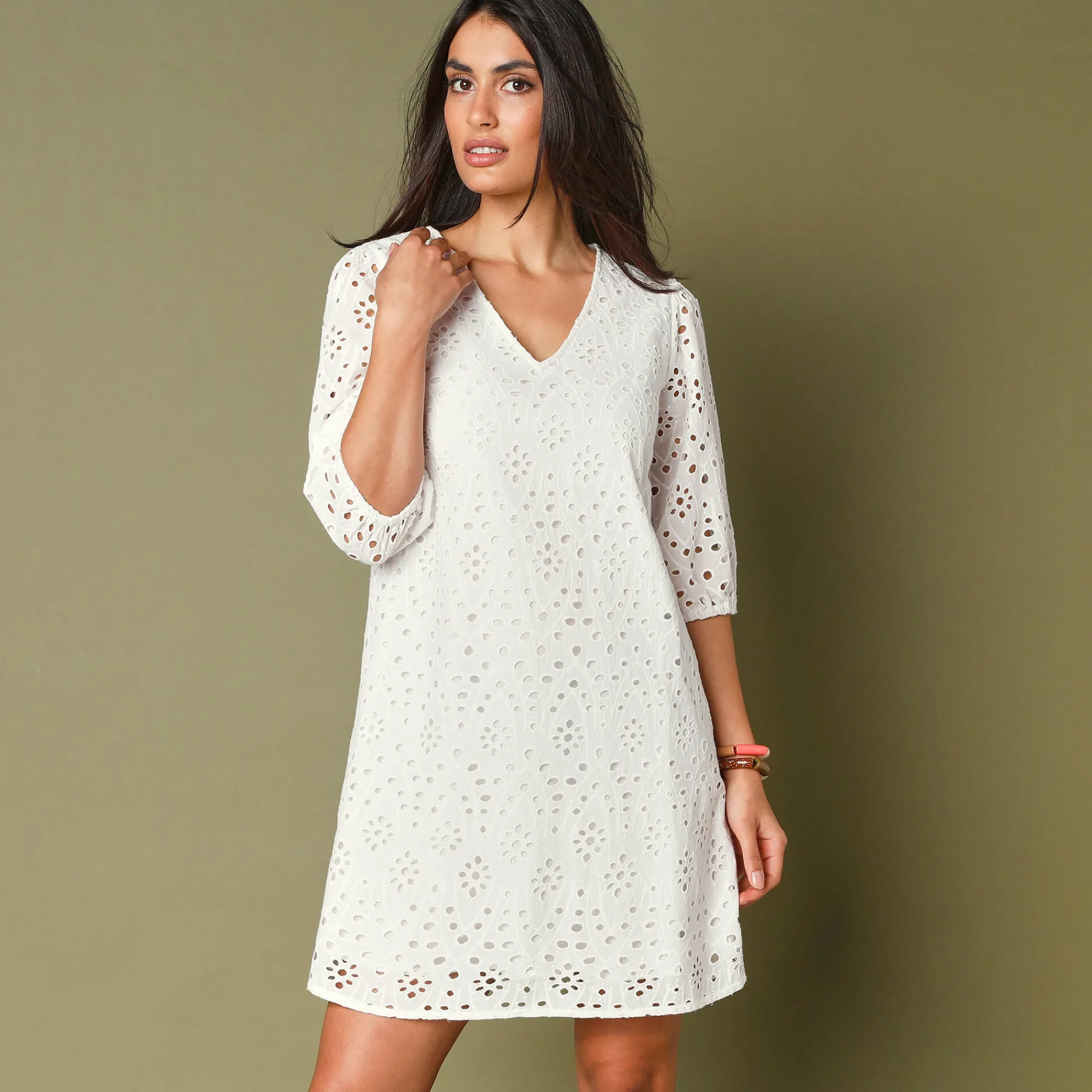 Jurk<Blancheporte Jurk met broderie anglaise en 3/4-mouwen wit