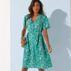 Jurk<Blancheporte Jurk met knoopsluiting en 'vlinder' mouwen, bedrukt groen / blauw