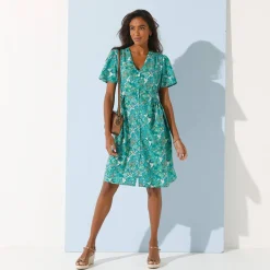 Jurk<Blancheporte Jurk met knoopsluiting en 'vlinder' mouwen, bedrukt groen / blauw