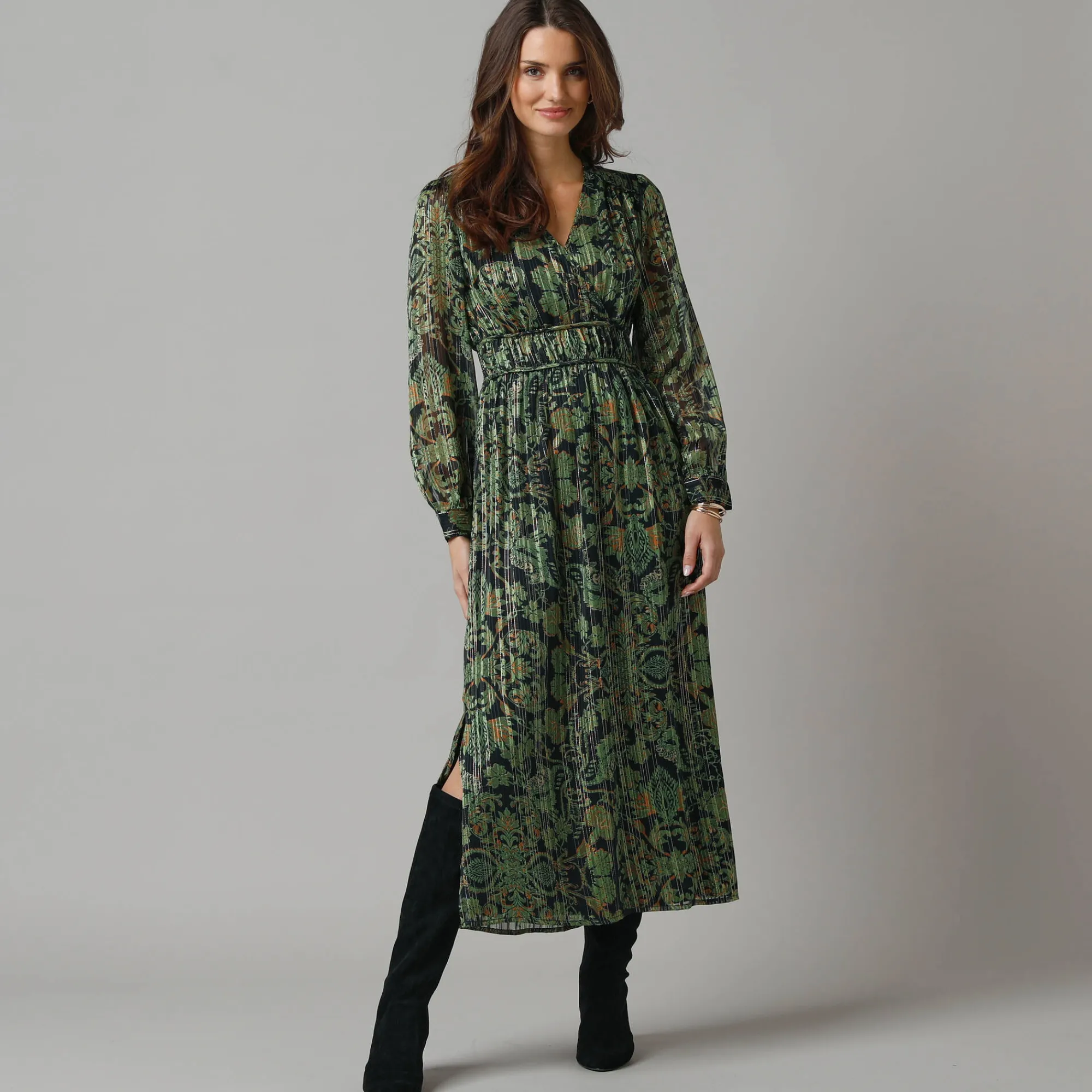 Feestoutfits Dames|Jurk<Lora Zellini Jurk met lange mouwen en strookdetails, bedrukte jacquardvoile zwart / groen