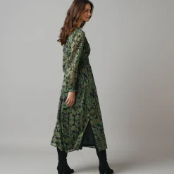 Feestoutfits Dames|Jurk<Lora Zellini Jurk met lange mouwen en strookdetails, bedrukte jacquardvoile zwart / groen