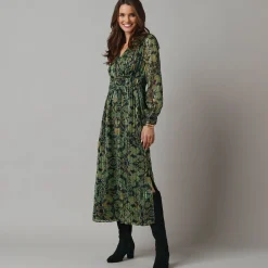 Feestoutfits Dames|Jurk<Lora Zellini Jurk met lange mouwen en strookdetails, bedrukte jacquardvoile zwart / groen