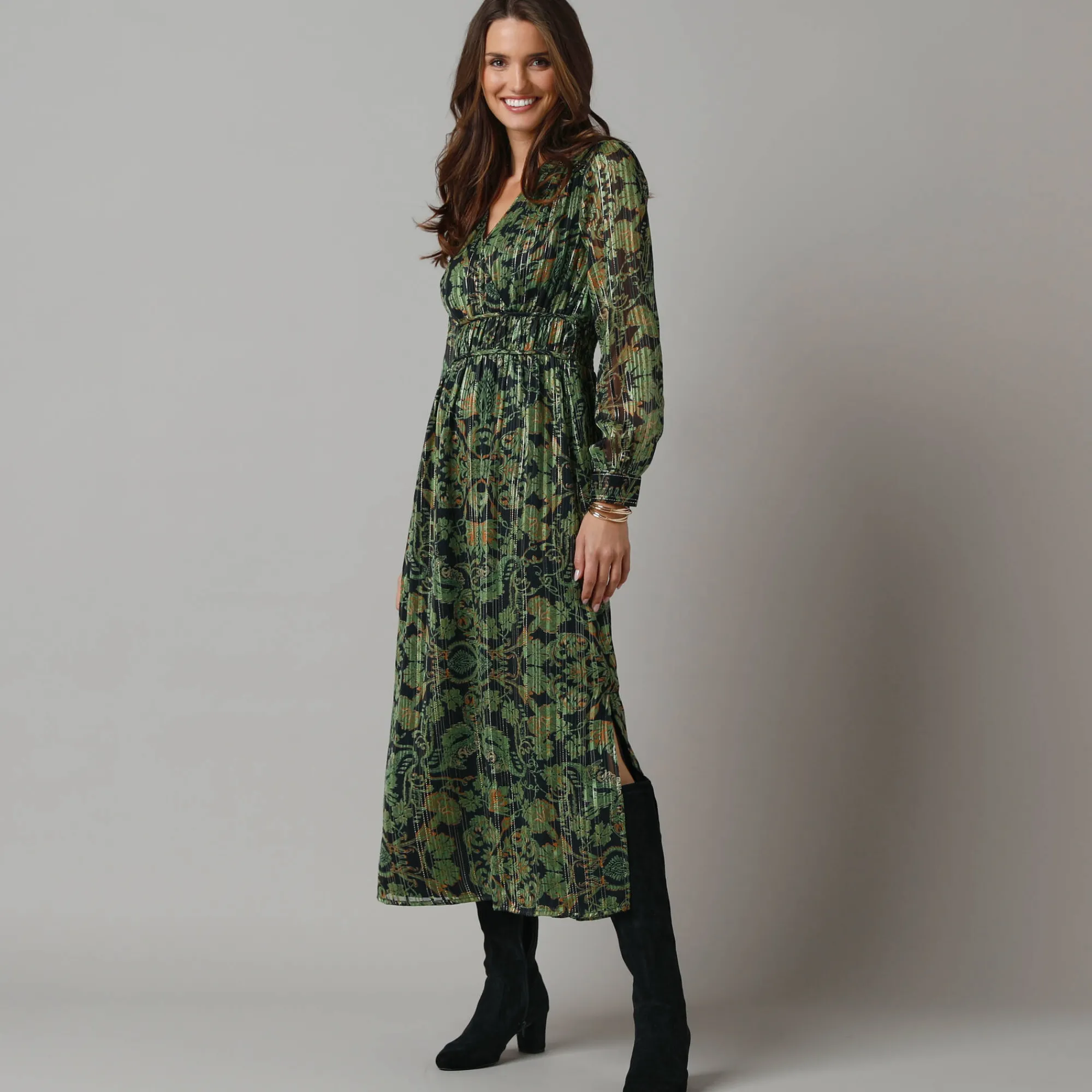 Feestoutfits Dames|Jurk<Lora Zellini Jurk met lange mouwen en strookdetails, bedrukte jacquardvoile zwart / groen