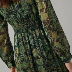 Feestoutfits Dames|Jurk<Lora Zellini Jurk met lange mouwen en strookdetails, bedrukte jacquardvoile zwart / groen
